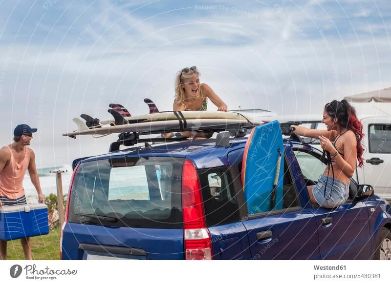 Friends with surfboards on car at the coast surfer surfers friends mate laughing Laughter surfing surf ride surf riding Surfboarding water sports Water Sport