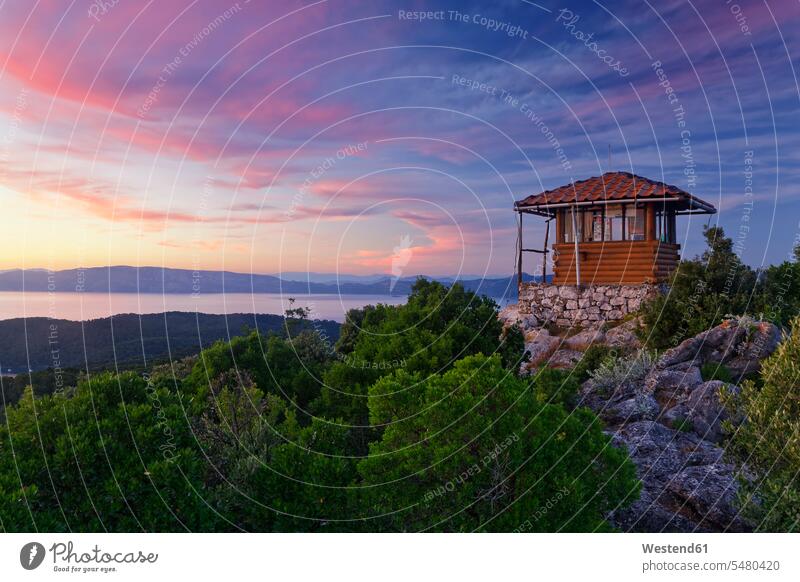 Croatia, Dalmatia, Dubrovnik-Neretva, Mljet Island, National Park Mljet, viewpoint Montokuc hut huts View Vista Look-Out outlook nature natural world