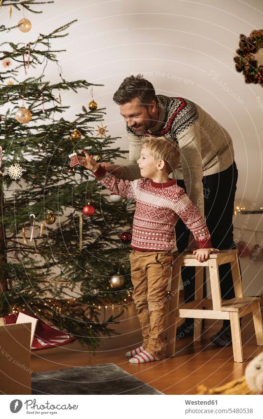Father and son decorating Christmas tree caucasian caucasian ethnicity caucasian appearance european decorate decorated childhood togetherness step ladder