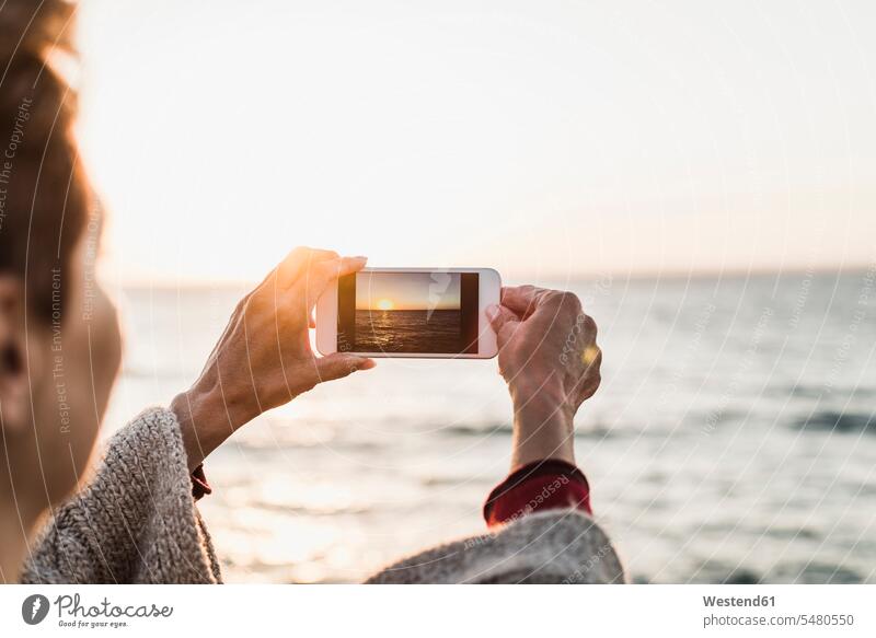 France, Crozon peninsula, woman taking a picture with smartphone sunset sunsets sundown vacation Holidays wireless Wireless Connection Wireless Technology