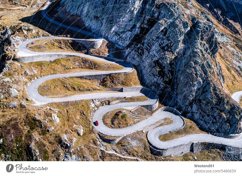 Switzerland, Tessin, Tremola, Aerial view of Gotthard Pass View Vista Look-Out outlook bend curving curved bent turn Curves nobody mountain range mountains