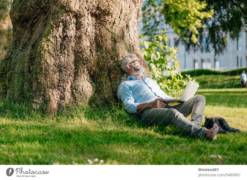 Mature man with laptop relaxing in park relaxed relaxation men males Laptop Computers laptops notebook sitting Seated meadow meadows Adults grown-ups grownups