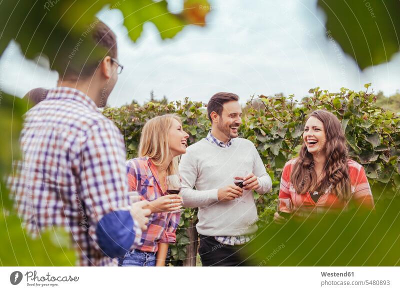 Friends in a vineyard holding glasses of red wine friends Wine laughing Laughter Red Wine Red Wines friendship Alcohol alcoholic beverage Alcoholic Drink