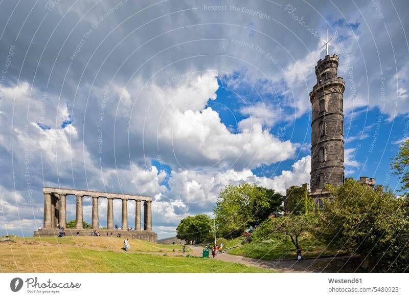 Great Britain, Scotland, Edinburgh, Calton Hill, National Monument of Scotland and Nelson Monument City of Edinburgh View Vista Look-Out outlook building