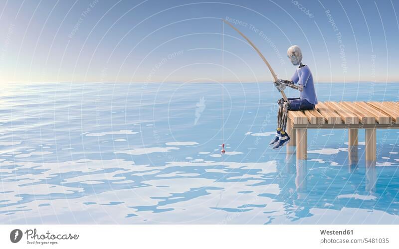 Robot fishing on jetty, 3d rendering symbolical picture Symbolism balance balanced ocean oceans artificial intelligence AI Peace peacefulness 3D Rendering