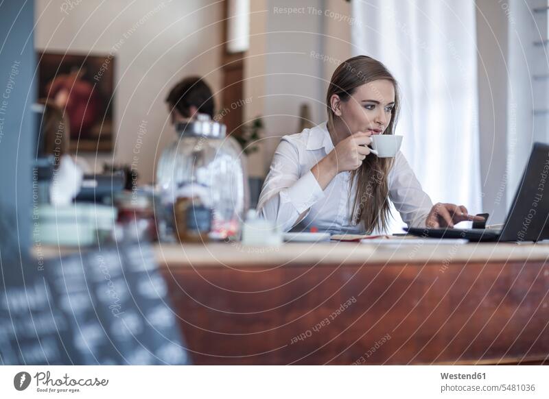 Young woman sitting at coffee bar working and drinking coffee caucasian caucasian ethnicity caucasian appearance european Connection connected Connections