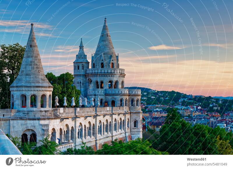 Hungary, Budapest, View to Fisherman's Bastion in the evening journey travelling Journeys voyage UNESCO World Heritage World Cultural Heritage fortress tower