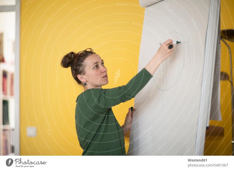 Woman drawing on flipchart caucasian caucasian ethnicity caucasian appearance european Planning planning planned flip charts flipcharts Germany indoors