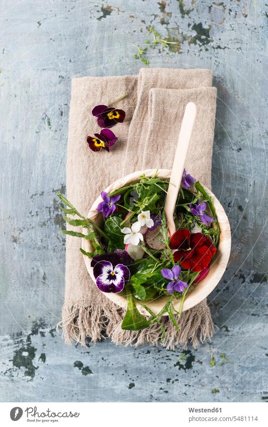 Bowl of leaf salad with red radishes, cress and edible flowers decorative decoratively healthy eating nutrition Fruit Fruits Wild Herbs salad bowl salad bowls