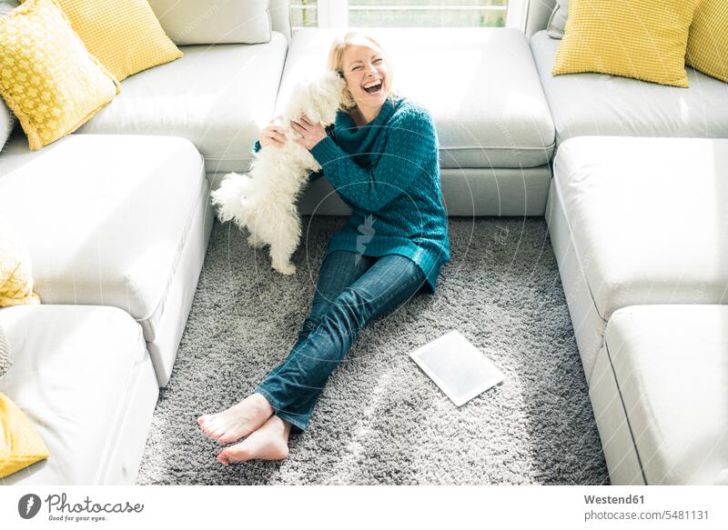 Playful woman with dog in living room dogs Canine females women sitting Seated living rooms livingroom pets animal creatures animals Adults grown-ups grownups