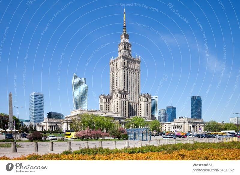 Poland, Warsaw, downtown skyline with Palace of Culture and Science copy space View Vista Look-Out outlook building buildings modern architecture