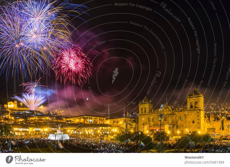 Peru, Cusco, Plaza de Armas, fireworks at Inti Raymi Architecture urban scene Incidental people People In The Background background person People In Background