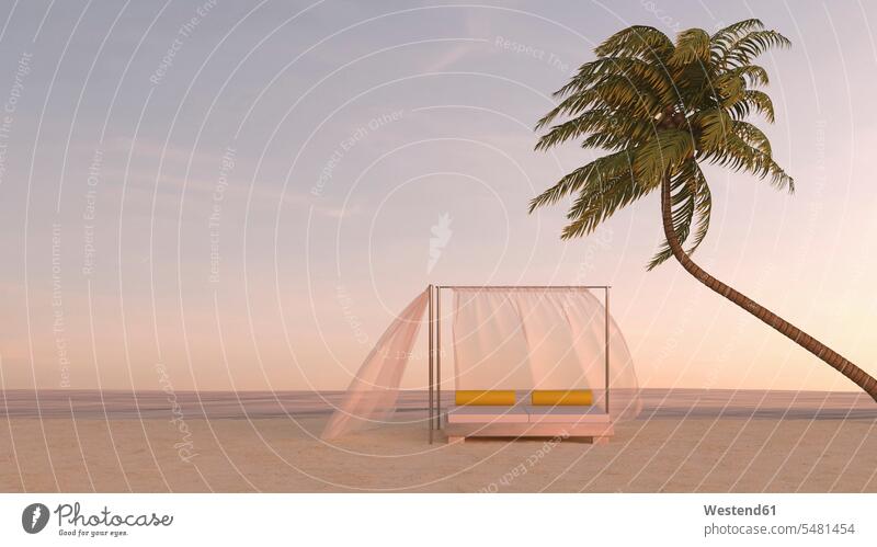 Palm tree and canopy bed on the beach at dusk, 3D rendering dream vacation relaxation relaxed relaxing Moody Sky outdoors outdoor shots location shot