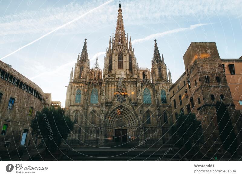 Spain, Barcelona, view to Barcelona Cathedral in the Gothic Quarter landmark sight place of interest Place of Worship shadow shadows Shades El Gotic