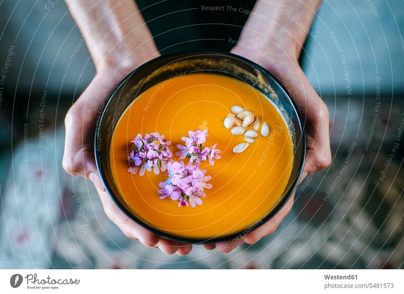 Man's hands holding creamed pumpkin soup garnished with edible flowers, close-up human hand human hands Soup Soups Potage people persons human being humans