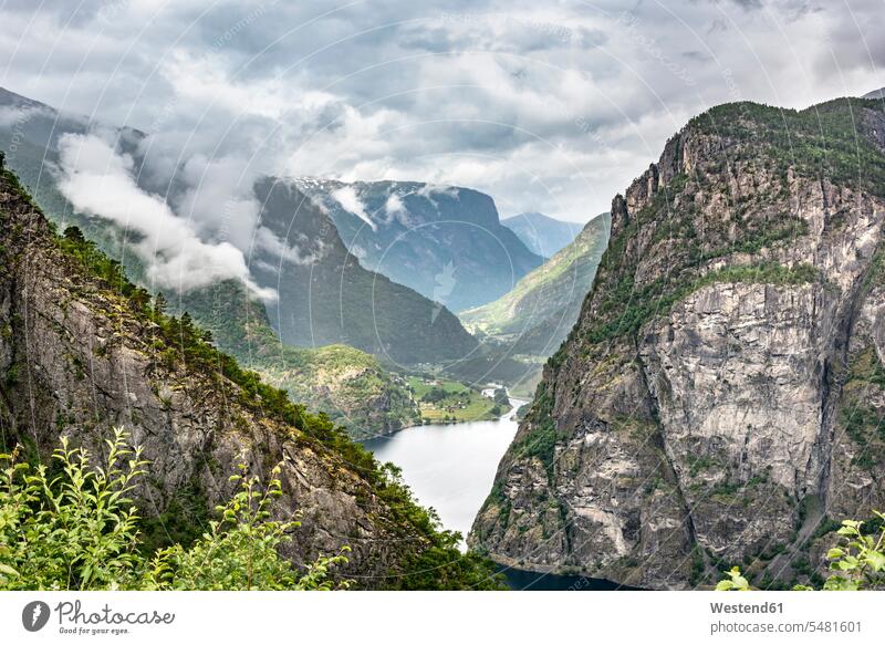 Norway, Hordaland, Eidfjord, View of Simadalsfjord beauty of nature beauty in nature mountain mountains Fjord Fiord Fjords Sea ocean Vista Look-Out outlook