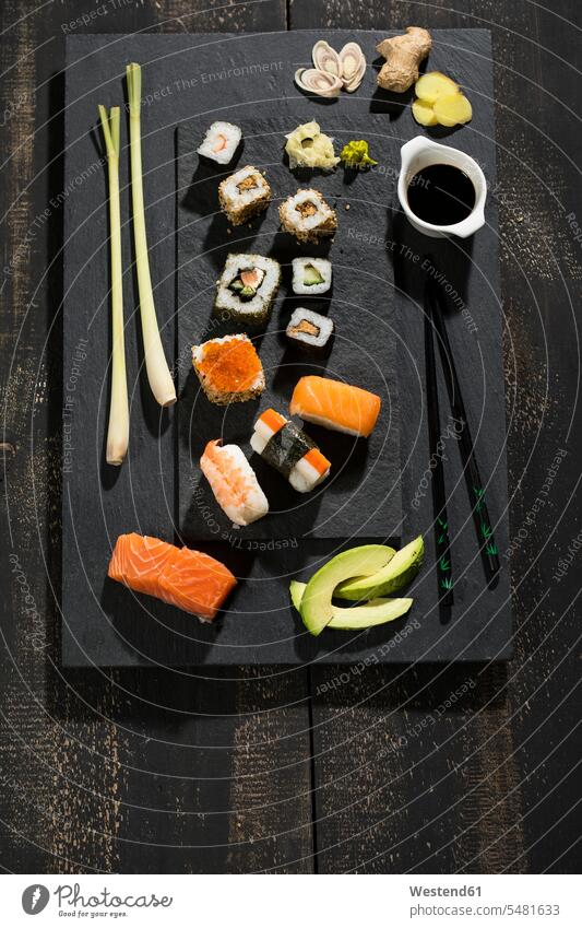 Variety of sushi food and drink Nutrition Alimentation Food and Drinks ready to eat ready-to-eat flat lay dip dips Rice healthy eating nutrition variation