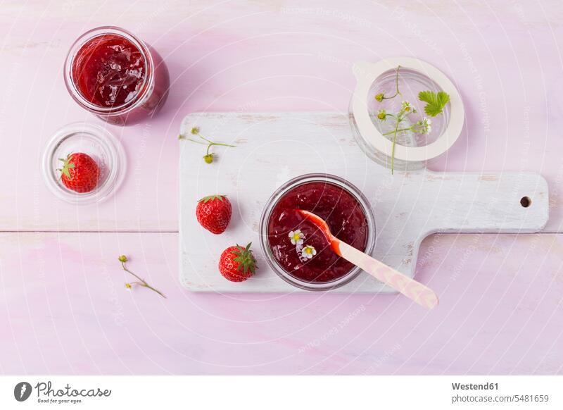 Strawberry jam, open glas Strawberries Fragaria pink Rosy preserving jar Mason Jars mason jar preserving jars kilner jar preserves jar Glass Drinking Glasses