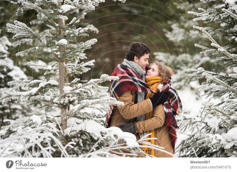 Happy young couple wrapped in blanket standing in winter forest twosomes partnership couples snow people persons human being humans human beings weather looking
