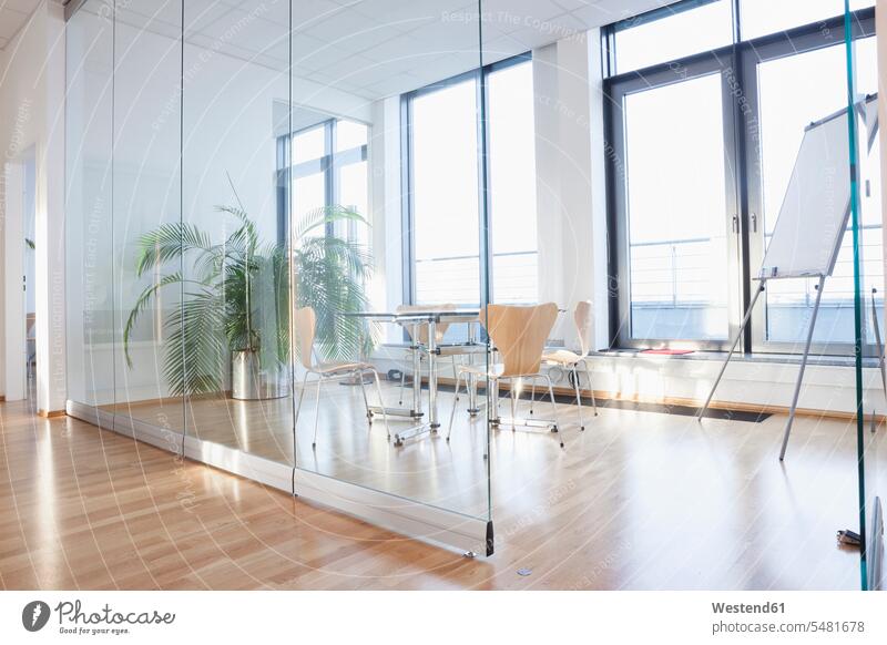 Office interior, table with chairs in board room nobody glass pane glass panes Furniture Furnitures furnishing Furnishings interior equipment empty emptiness