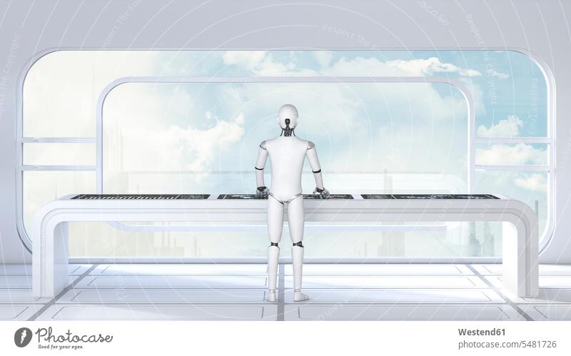 Roboter working in futuristic room, 3D Rendering modern contemporary the future visionary industrial robot cloud clouds At Work business business world