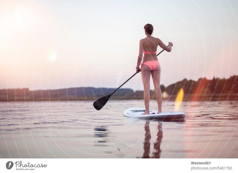 Germany, Bavaria, Chiemsee, woman on SUP Board lake lakes Paddleboard standup paddleboard paddle board Paddleboards SUP-Board Standup Paddle Boards SUP-Boards