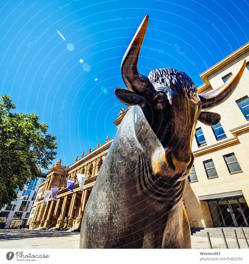 Germany, Frankfurt, bull bronze sculpture at Stock Exchange trade trading stock market stocks and shares financial market stock exchange trading trading floor