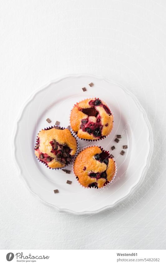 Muffin with chocolate chips, blueberries and raspberries on plate food and drink Nutrition Alimentation Food and Drinks blueberry muffin blueberry muffins