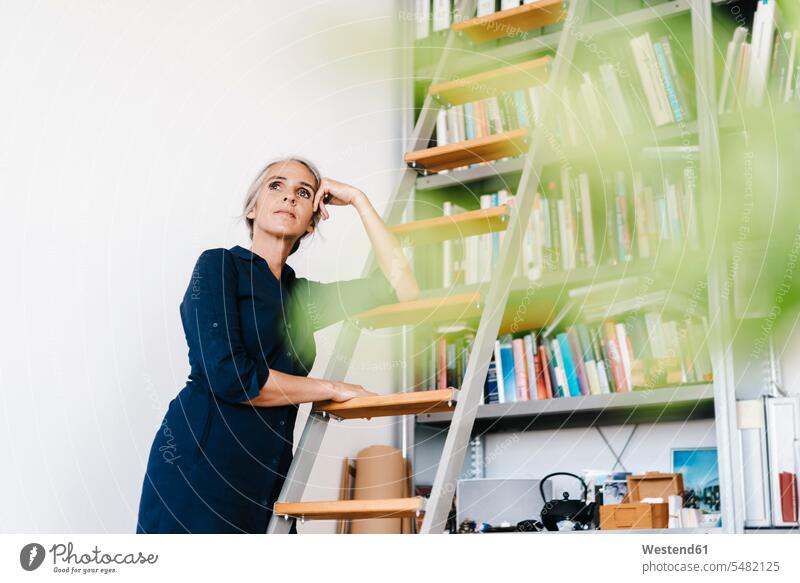 Businesswoman in office leaning against a ladder businesswoman businesswomen business woman business women ladders offices office room office rooms standing