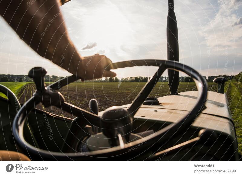 Close-up of farmer steering tractor next to field steering wheel agriculturists farmers motor vehicle road vehicle road vehicles motor vehicles agriculture man