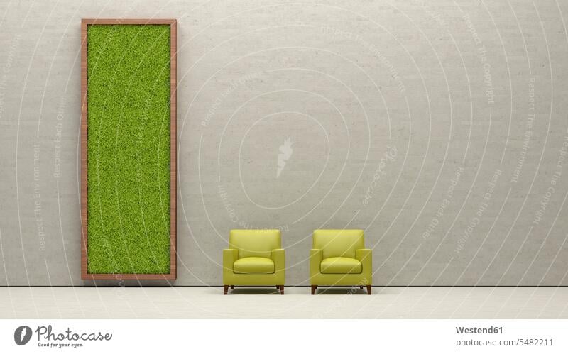 Two armchairs and living wall, 3D Rendering minimalist Minimalism minimalistic grass Grassy Lawn Turf indoor climate furnishing Furnishings bright green