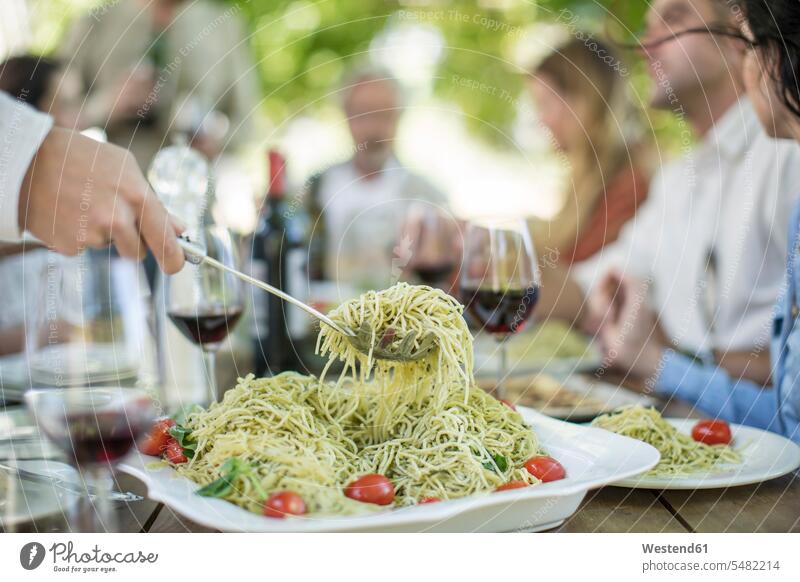 Eating spaghetti for lunch in garden eating Red Wine Red Wines celebrating celebrate partying group of people Group groups of people Spaghetti Alcohol