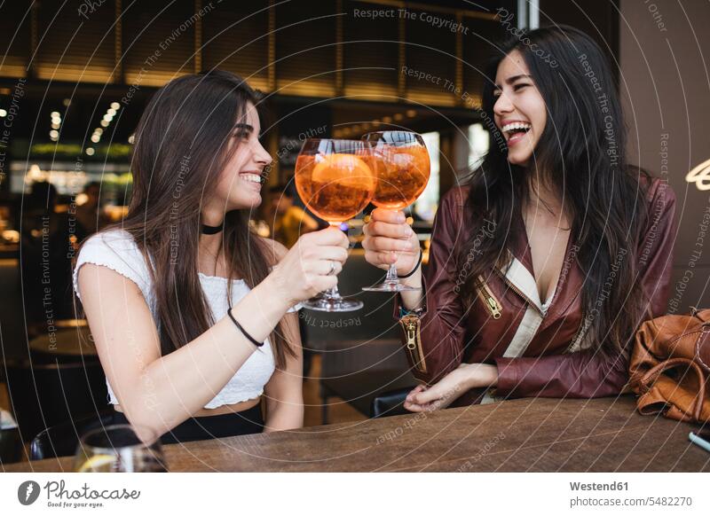 Two happy young women toasting in a bar female friends drinking clinking cheers laughing Laughter mate friendship positive Emotion Feeling Feelings Sentiments