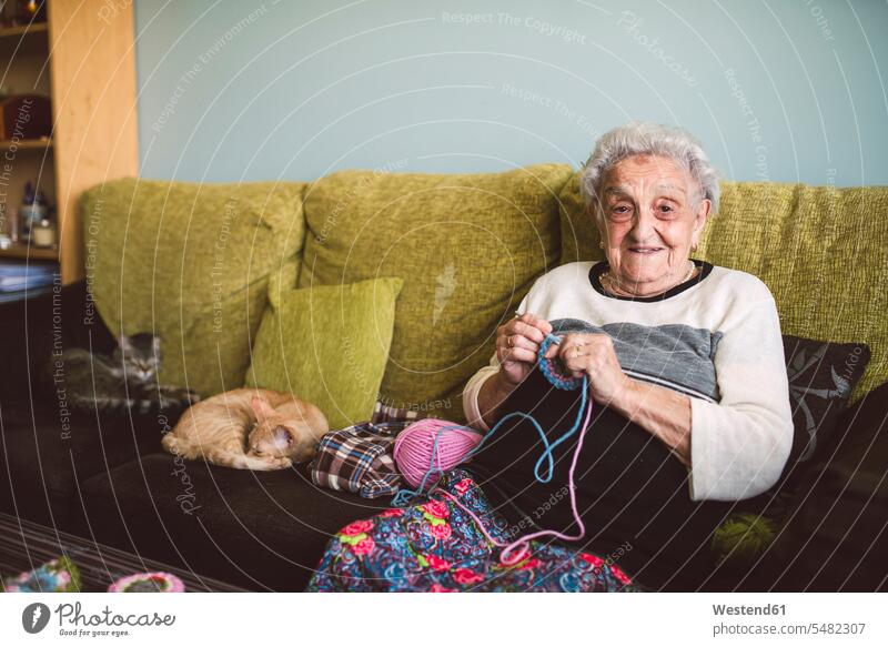 Portrait of crocheting senior woman sitting on couch besides her sleeping cats settee sofa sofas couches settees senior women elder women elder woman old