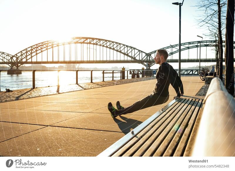 Germany, Cologne, Young man doing push ups on bench benches clear sky copy space cloudless active Activity Strength strong Force Strengthy Power pushup Push-up