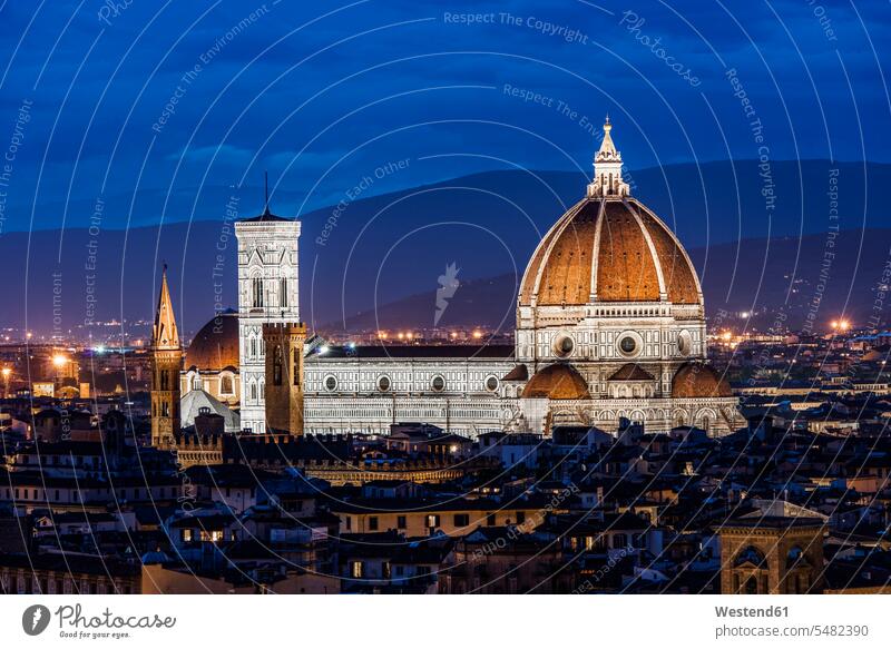 Italy, Tuscany, Florence, Santa Maria del Fiore and Campanile di Giotto at night nobody bell tower bell towers cathedral cathedrals UNESCO World Heritage