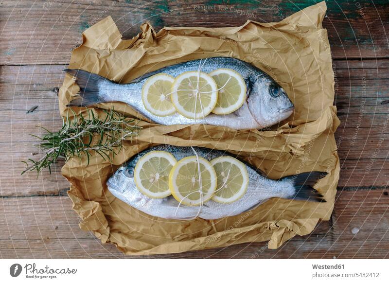 Two Sea Bream on a baking paper with lemon and rosemary sea bream sea breams wrapped Wrapped Up wooden raw fish food fish edible fish preparing Food Preparation