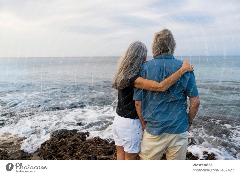 Senior couple looking at the ocean, rear view embracing embrace Embracement hug hugging eyeing attractive beautiful pretty good-looking Attractiveness Handsome