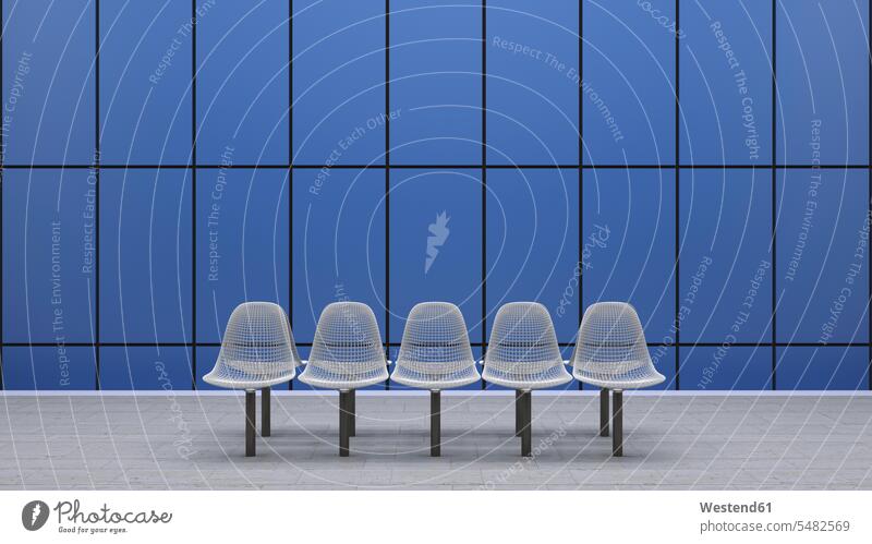 Row of seats at underground station platform, 3D Rendering modern contemporary Absence Absent empty emptiness Architecture chair chairs blue wall walls