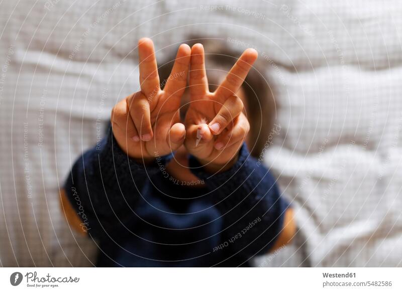 Little boy making victory sign with his hands boys males Hand Sign hand gesture hand signal human hand human hands child children kid kids people persons