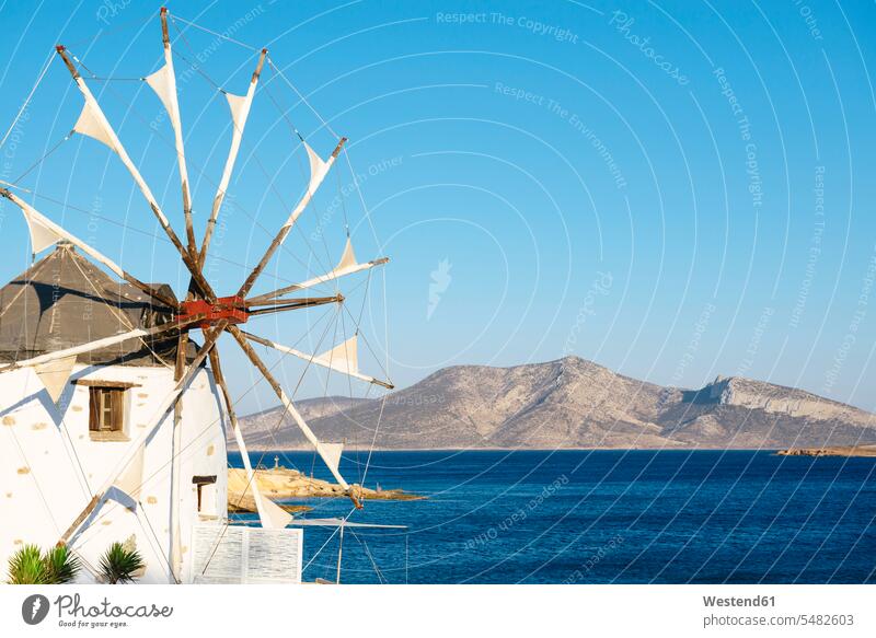 Greece, Koufonissi, Wind mill at the Aegean Sea water Koufonisi Kato Koufonissi Cyclades Aegean Islands wind mill wind mills Travel destination