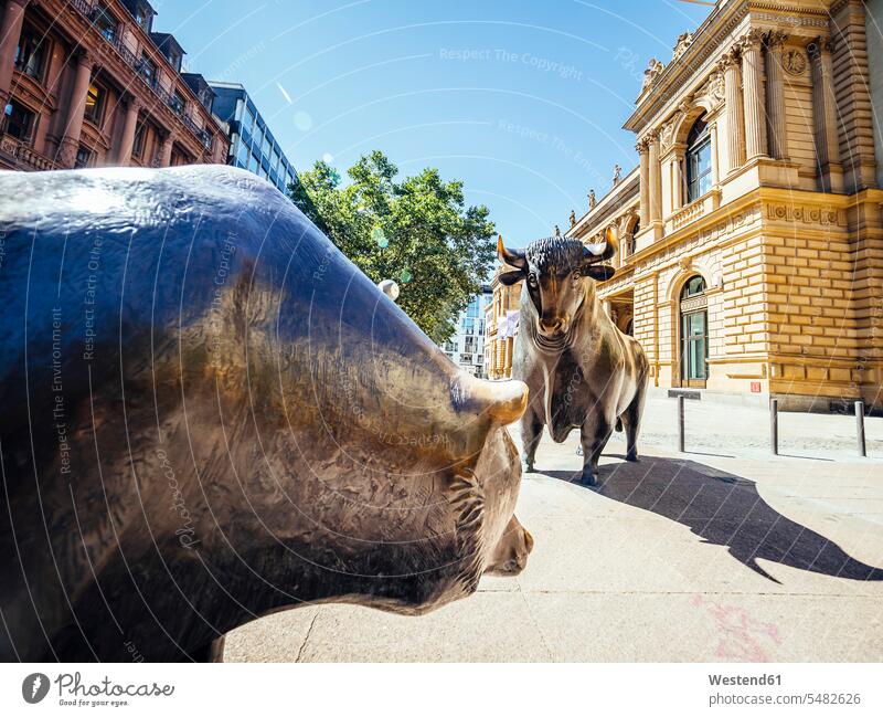 Germany, Frankfurt, bull and bear bronze sculptures at Stock Exchange nobody stock market stocks and shares financial market stock exchange trading