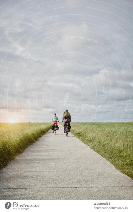 Germany, Schleswig-Holstein, Eiderstedt, couple riding bicycle on path through salt marsh bikes bicycles twosomes partnership couples transportation people
