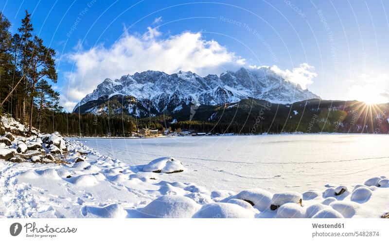 Germany, Bavaria, Frozen Lake Eibsee with Zugspitze mountains in background beauty of nature beauty in nature day daylight shot daylight shots day shots daytime