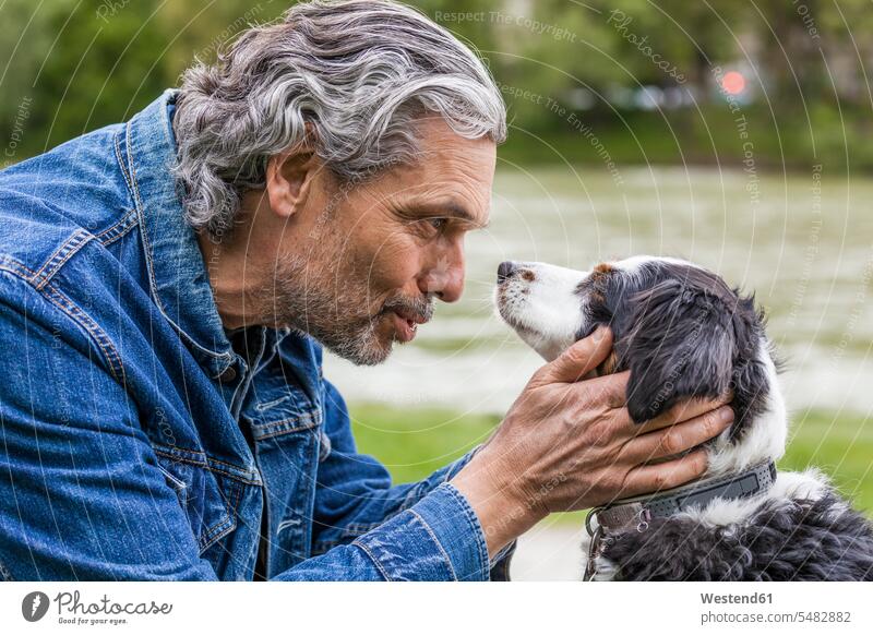 Senior man talking to his dog men males dogs Canine Adults grown-ups grownups adult people persons human being humans human beings pets animal creatures animals