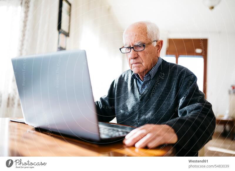 Portrait of serious looking senior man using laptop at home caucasian caucasian ethnicity caucasian appearance european earnest Seriousness austere wireless