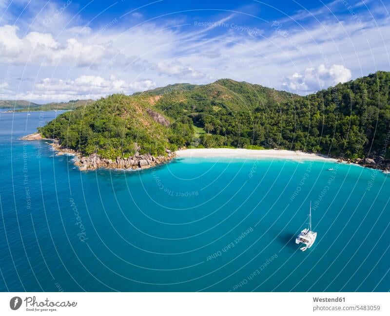 Seychelles, Praslin, Anse Georgette, catamaran, aerial view sandy beach sandy beaches Travel destination Destination Travel destinations Destinations scenics