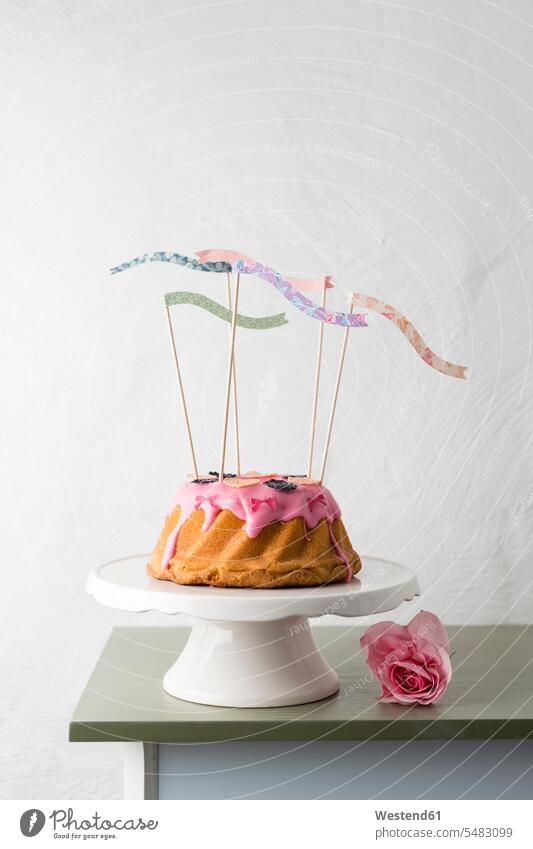 Decorated ring cake on cake stand home-baked home-made flower head flower heads icing sugar icing frosting baking decor Birthday cake Birthday cakes sponge-cake