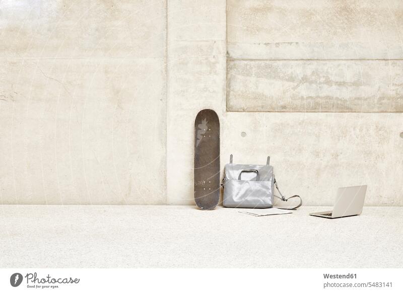 Skateboard, bag and laptop at concrete wall wireless Wireless Connection Wireless Technology Wireless Communication Laptop Computers laptops notebook Germany