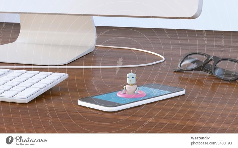 Female robot bathing in cell phone, 3D rendering female bathe Taking A Bath swimming pool pools swimming pools glasses specs Eye Glasses spectacles Eyeglasses